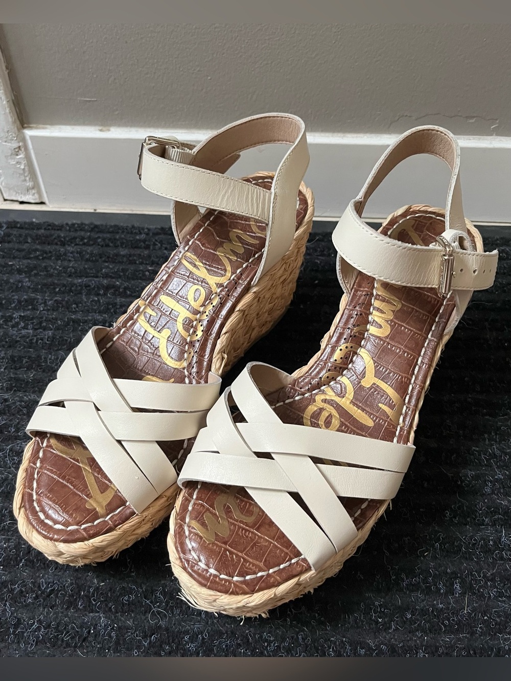 Sam Edelman Women’s Cream Wedge Sandals with Ankle Strap